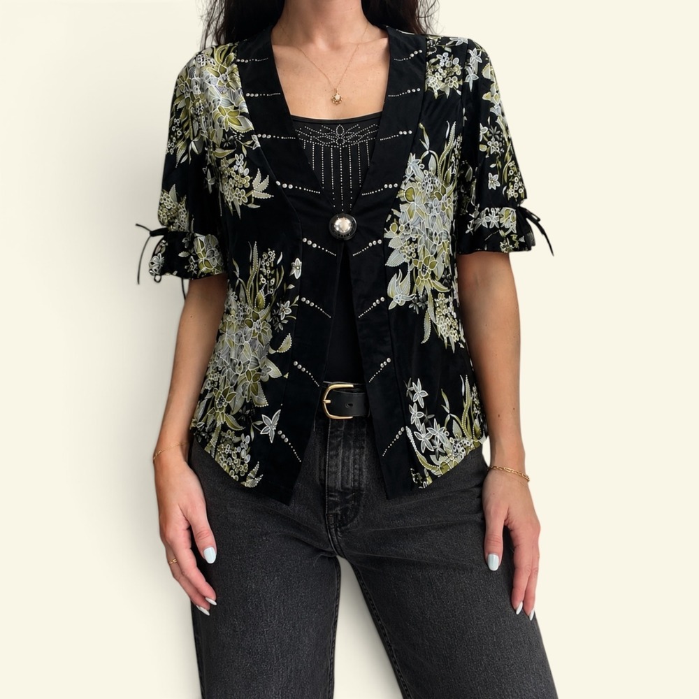 VTG Y2K Appointments Mesh Blouse L Floral Rhinestone Shoulder Pad Flutter Sleeve